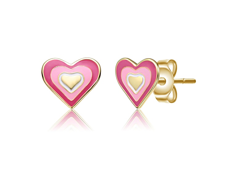 14K Gold Plated over Sterling Silver with Pink Enamel Heart Stud Earrings for Kids