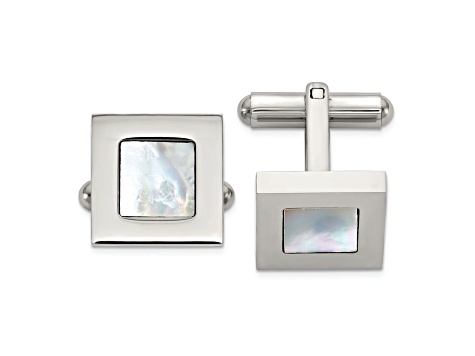 Stainless Steel Polished Mother of Pearl Inlay Square Cuff Links