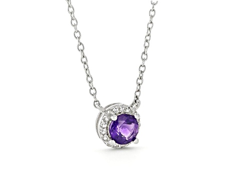 Dark Purple Amethyst with White Topaz Halo Rhodium Over Sterling Silver Necklace