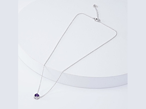 Dark Purple Amethyst with White Topaz Halo Rhodium Over Sterling Silver Necklace