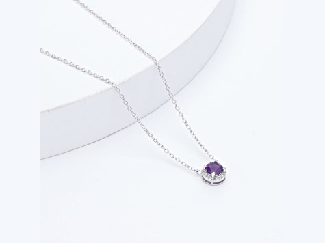 Dark Purple Amethyst with White Topaz Halo Rhodium Over Sterling Silver Necklace