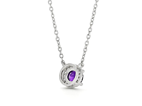 Dark Purple Amethyst with White Topaz Halo Rhodium Over Sterling Silver Necklace