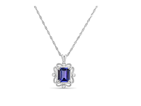 Octagonal Tanzanite and Cubic Zirconia Rhodium Over Sterling Silver Pendant with chain, 4.22ctw