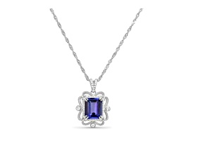 Octagonal Tanzanite and Cubic Zirconia Rhodium Over Sterling Silver Pendant with chain, 4.22ctw