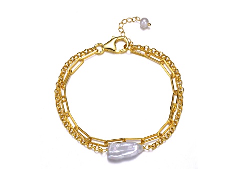 14k Gold Plated over Sterling Silver with Genuine Freshwater Pearl Double Layer Bracelet