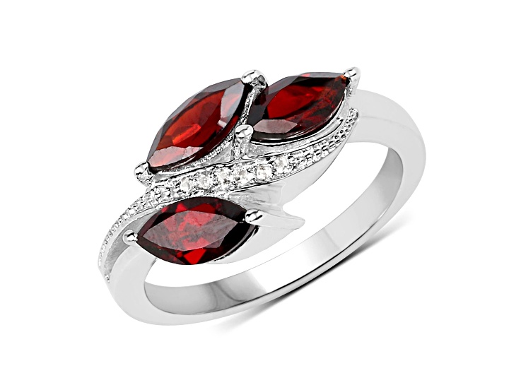 Red Garnet and White Topaz Rhodium Over Sterling Silver Leaf Ring