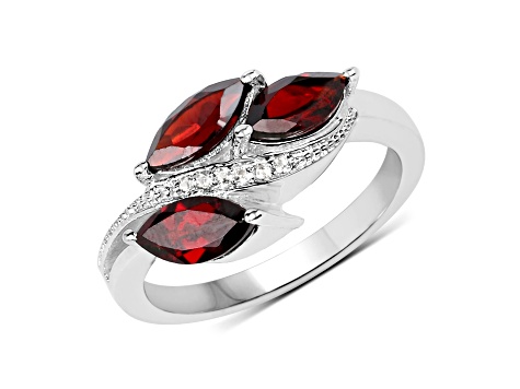 Red Garnet and White Topaz Rhodium Over Sterling Silver Leaf Ring