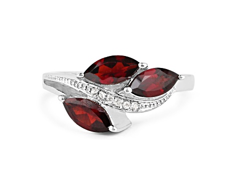 Red Garnet and White Topaz Rhodium Over Sterling Silver Leaf Ring