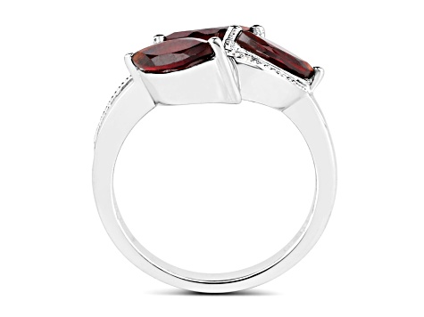 Red Garnet and White Topaz Rhodium Over Sterling Silver Leaf Ring