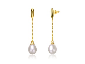 White Freshwater Pearl, 14K Yellow Gold Plated over Sterling Silver Linear Drop Earrings