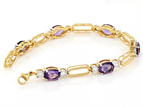 Amethyst And White Lab-Grown Diamond 14kt Yellow Gold Over Silver Bracelet 7.75ctw