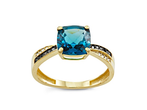 London Blue Topaz with Black and White Diamond Accent 10K Yellow Gold 2.10ctw