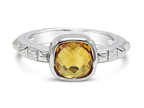 Judith Ripka 1.5ct Square Cushion Citrine Rhodium Over Sterling Silver Ring