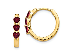 10k Yellow Gold 9/16" 3 Stone 0.84ctw Lab Created Ruby Birthstone Polished Hinged Hoop Earrings