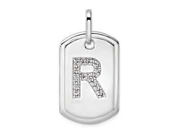 Picture of Rhodium Over 14k White Gold Diamond Initial R Dog Tag Charm