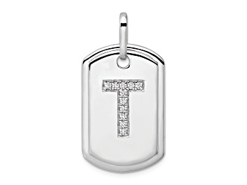 Picture of Rhodium Over 14k White Gold Diamond Initial T Dog Tag Charm