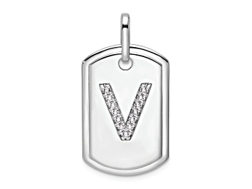 Picture of Rhodium Over 14k White Gold Diamond Initial V Dog Tag Charm