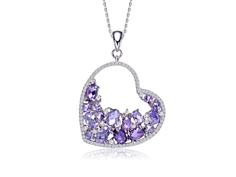 Sterling Silver Rhodium Plated with Amethyst Color Cubic Zirconia Open Heart Pendant Necklace