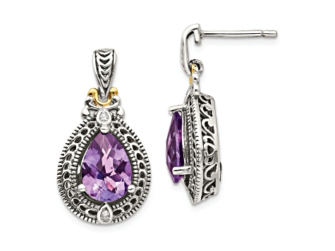 Sterling Silver Antiqued with 14K Accent Diamond and Amethyst Earrings