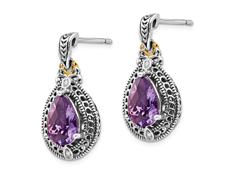 Sterling Silver Antiqued with 14K Accent Diamond and Amethyst Earrings