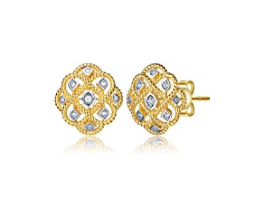 Clear Cubic Zirconia, Two-Tone Rhodium Plated and 14K Gold Plated Stud Earrings