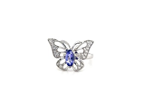 Tanzanite 9x4.5mm Marquise and White Zircon Rhodium Over Sterling Silver Ring