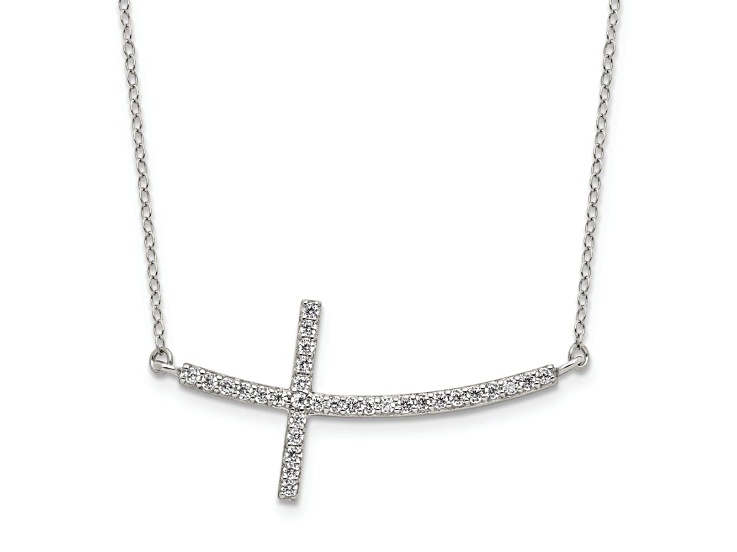 Rhodium Over Sterling Silver Cubic Zirconia Sideways Cross with 2-inch Extension Necklace