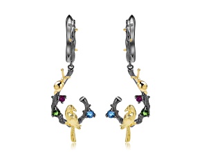 Multi-Gem Black Rhodium Over Sterling Silver Bird Earrings