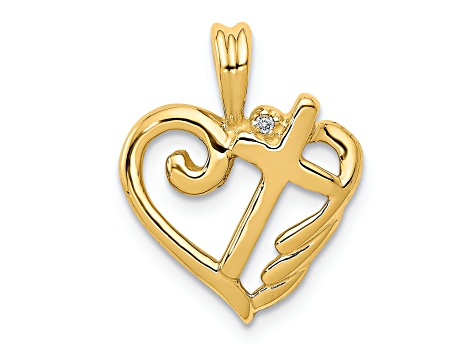 14K Yellow Gold A Diamond Heart with Cross Pendant