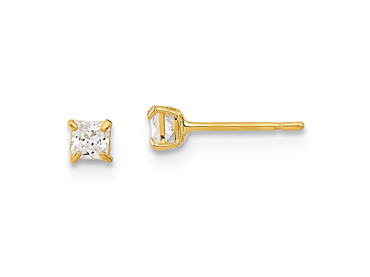14K Yellow Gold 2.5mm Square Cubic Zirconia Basket Set Stud Earrings
