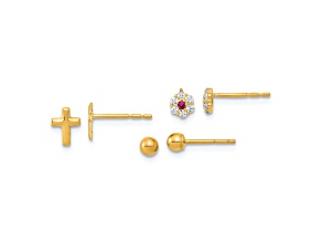 14k Yellow Gold Polished Set of 3mm Ball stud, CZ Flowers and Cross 3 Pair Earrings Set