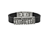 Black Leather and Stainless Steel Textured Enamel ID 7.5-inch with .5-inch Extension Bracelet