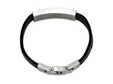 Black Leather and Stainless Steel Textured Enamel ID 7.5-inch with .5-inch Extension Bracelet