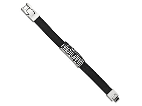 Black Leather and Stainless Steel Textured Enamel ID 7.5-inch with .5-inch Extension Bracelet