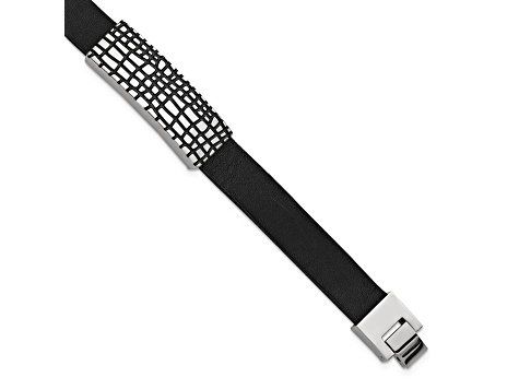 Black Leather and Stainless Steel Textured Enamel ID 7.5-inch with .5-inch Extension Bracelet