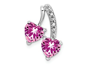 Rhodium Over 14k White Gold Lab Created Pink Sapphire and Diamond 2-Heart Pendant