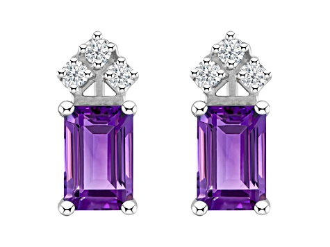 6x4mm Emerald Cut Amethyst with Diamond Accents 14k White Gold Stud Earrings