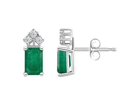 6x4mm Emerald Cut Emerald with Diamond Accents 14k White Gold Stud Earrings