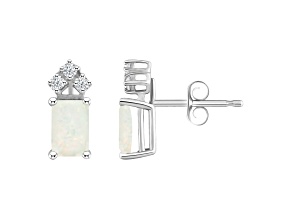 6x4mm Emerald Cut Opal with Diamond Accents 14k White Gold Stud Earrings