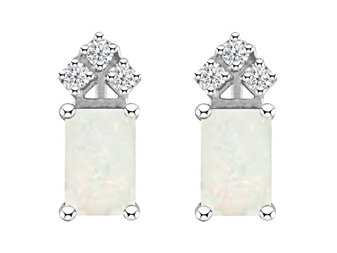 6x4mm Emerald Cut Opal with Diamond Accents 14k White Gold Stud Earrings