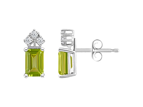 6x4mm Emerald Cut Peridot with Diamond Accents 14k White Gold Stud Earrings