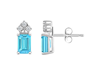 Picture of 6x4mm Emerald Cut Blue Topaz with Diamond Accents 14k White Gold Stud Earrings