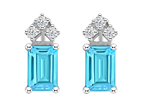 6x4mm Emerald Cut Blue Topaz with Diamond Accents 14k White Gold Stud Earrings