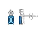 6x4mm Emerald Cut London Blue Topaz with Diamond Accents 14k White Gold Stud Earrings