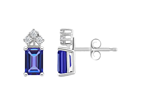 6x4mm Emerald Cut Tanzanite with Diamond Accents 14k White Gold Stud Earrings