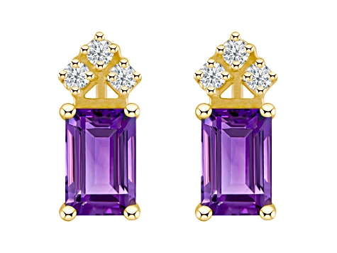 6x4mm Emerald Cut Amethyst with Diamond Accents 14k Yellow Gold Stud Earrings