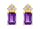 6x4mm Emerald Cut Amethyst with Diamond Accents 14k Yellow Gold Stud Earrings