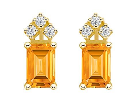 6x4mm Emerald Cut Citrine with Diamond Accents 14k Yellow Gold Stud Earrings