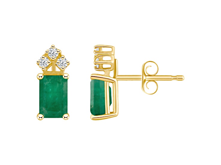 6x4mm Emerald Cut Emerald with Diamond Accents 14k Yellow Gold Stud Earrings