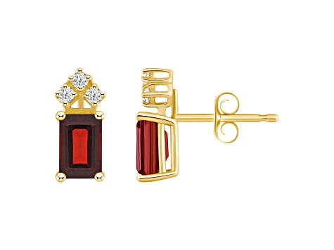 6x4mm Emerald Cut Garnet with Diamond Accents 14k Yellow Gold Stud Earrings